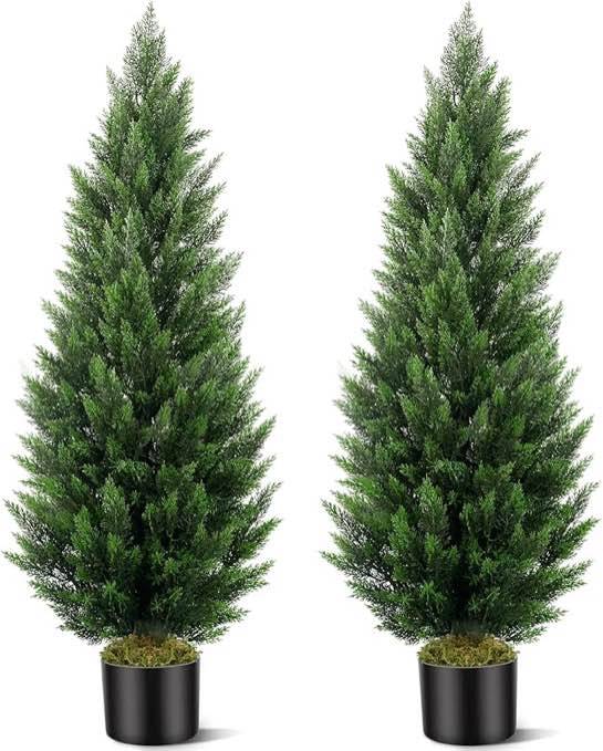 Artificial Topiary Cedar Trees 5FT Tall 2 Set, Outdoor Indoor Faux Pine Shrubs Plants, Realistic Fake Plants Front Porch Decor, Artificial Bushes Cypress for Home Front Door Offices