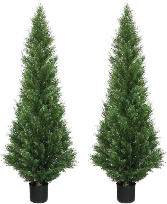 Two 5 Foot Outdoor Artificial Cedar Topiary Trees Potted Plants Two Peace Construction