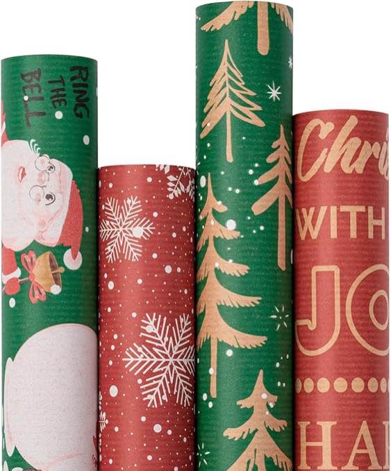RUSPEPA Christmas Kraft Wrapping Paper - Santa Claus, Snowflake, Christmas Tree and Text Design - 4 Rolls - 30 inches x 10 feet per Roll