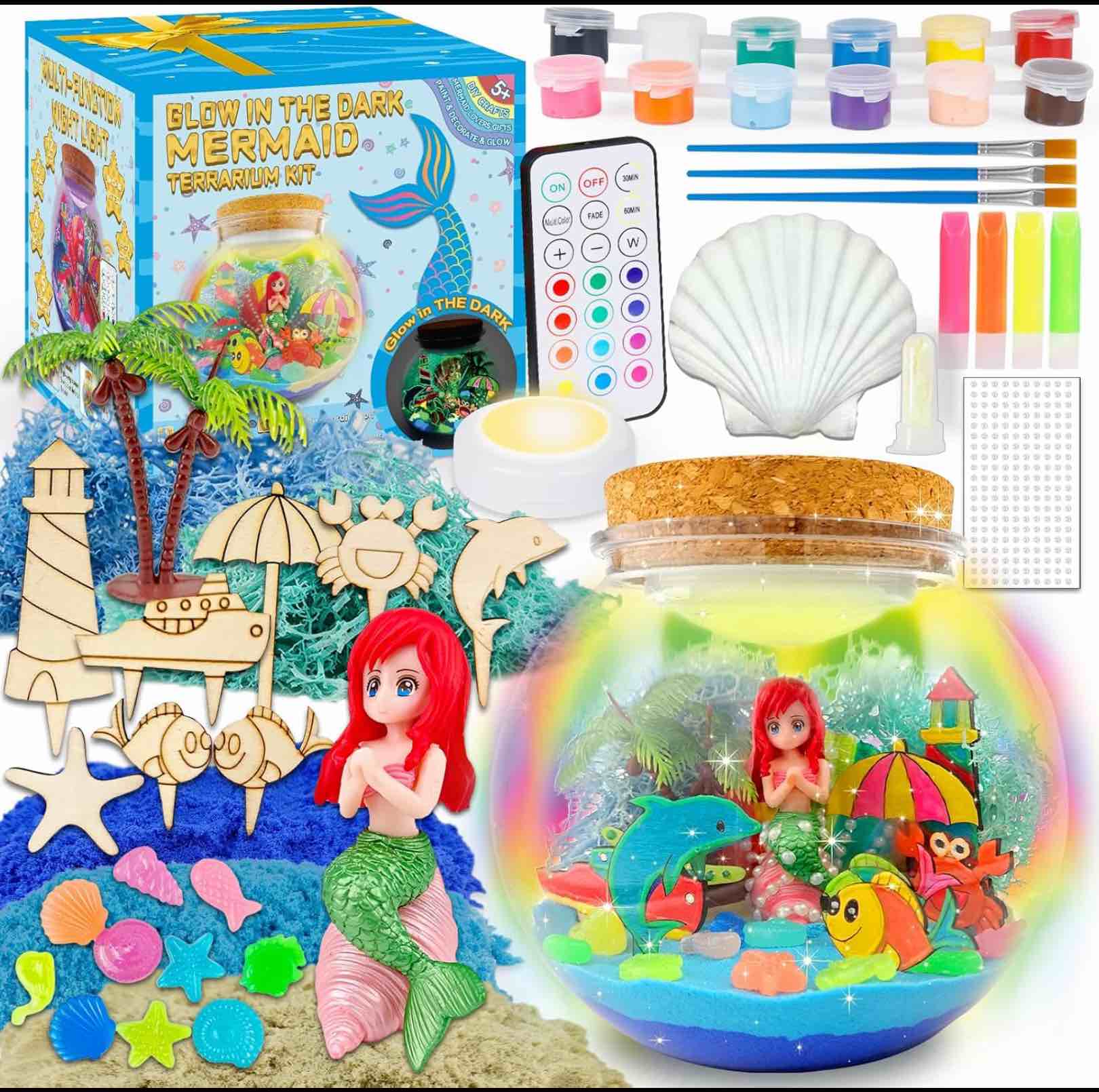 Mermaid Terrarium Kit for Kids - Arts & Crafts Activities Sets With Glow in The Dark Painting - DIY Mermaid Toys Birthday Gifts for Girls Age 5, 6, 7, 8, 9, 10, 11 & 12 Year Old(Mermaid Terrarium)