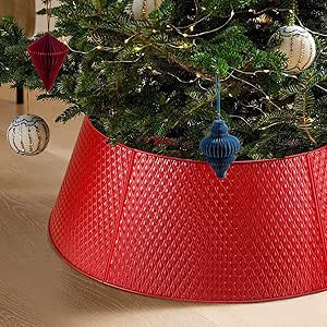 Hatisan Red Metal Christmas Tree Collar Basket Skirt, 28''Christmas Tree Ring Collar Base Collar for 9 FT 7.5FT Tree Christmas Decorations Indoor Outdoor (Red)