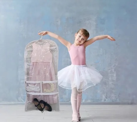 case of 4 Clear Dance Garment Bags For Dancers Transparent with Accessory Pockets