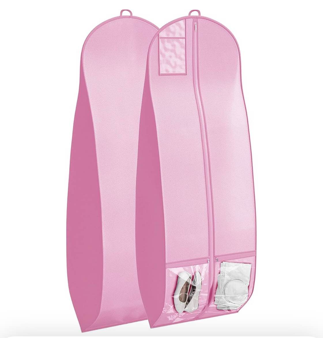 case of 4 wedding dress garment bag 16 inch gusset, with shoe pockets and handle durable, rip and water resistant material large size clear vinyl pouch for labeling