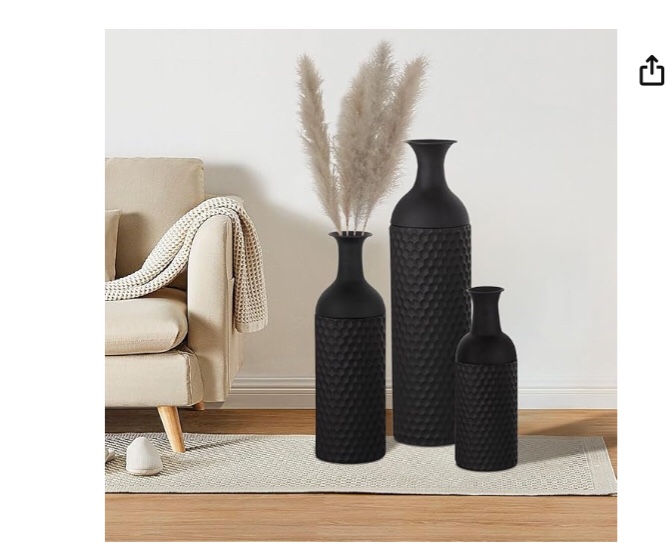 Set of 3 Black Floor Standing Vases Large 27 inch Tall Metal Decorative Vase Honeycomb Texture Modern Home Decor for Dining Room Living Bedroom Hallway Corner