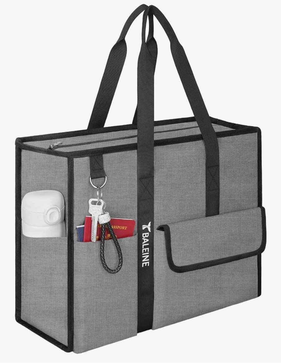 BALEINE Large Utility Tote Bag with Reinforced Bottom, Multi Pockets Foldable Tote Bag for Nurse, Travel, Work