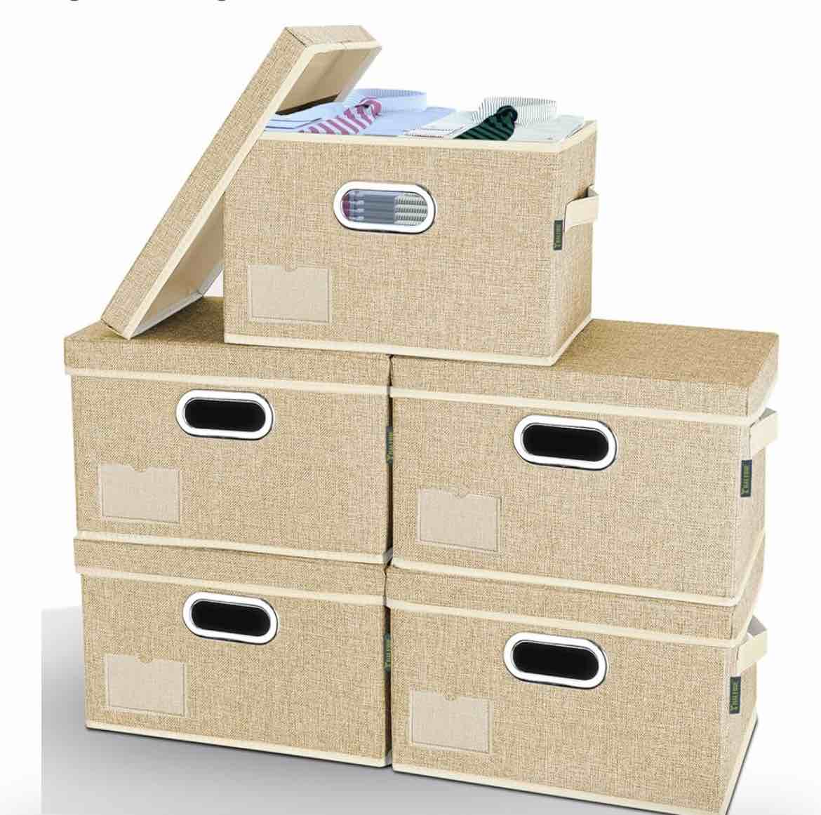 BALEINE Storage Bins with Lids, Foldable Linen Fabric Storage Boxes with Lids, Collapsible Closet Organizer Containers with Cover for Home Bedroom Office (3 Pack Beige, Jumbo)