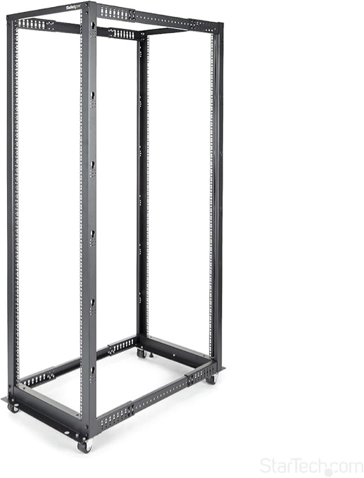4-Post 42U Mobile Open Frame Server Rack, 19in Network Rack with Wheels, Rolling Rack for Computer/AV/Data/IT Equipment - Casters, Leveling Feet or Floor Mounting (4POSTRACK42)