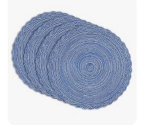 myHomeBody Round Woven Placemats, 4pcs, 14.8" Braided Woven Placemats, Attractive Kitchen Décor Place Mats, Round Placemats as Table Mat, Blue - Braided Edge, Set of 4