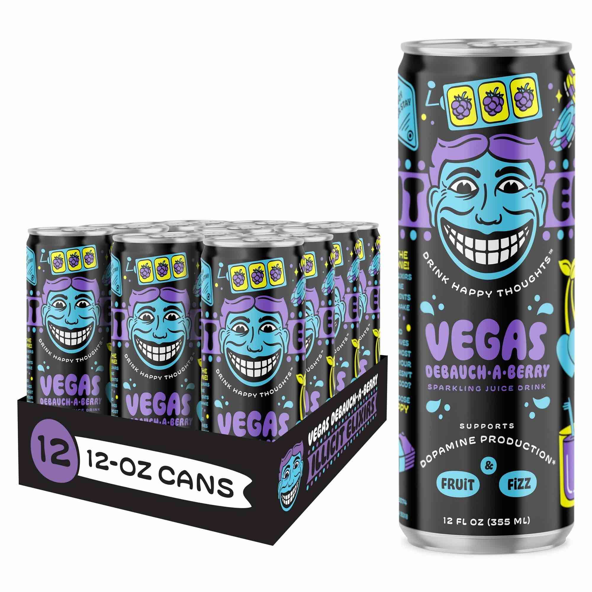 Illicit Elixirs Lets Party Vegas Debauch-A-Berry - Sparkling Juice Drink - Supports Dopamine Production - 12 Pack - 12 Oz Cans