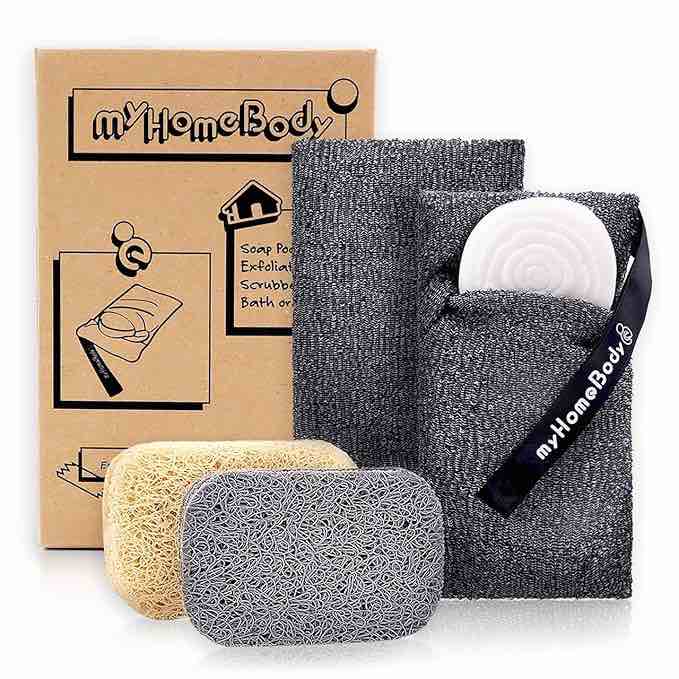 myHomeBody Soap Pocket Exfoliating Pouch, Body Scrubber Sponge, Exfoliator for Bath, Shower or Leftover Bits Saver, Graphite Gray, 2 Pack + 2 Lift Pads