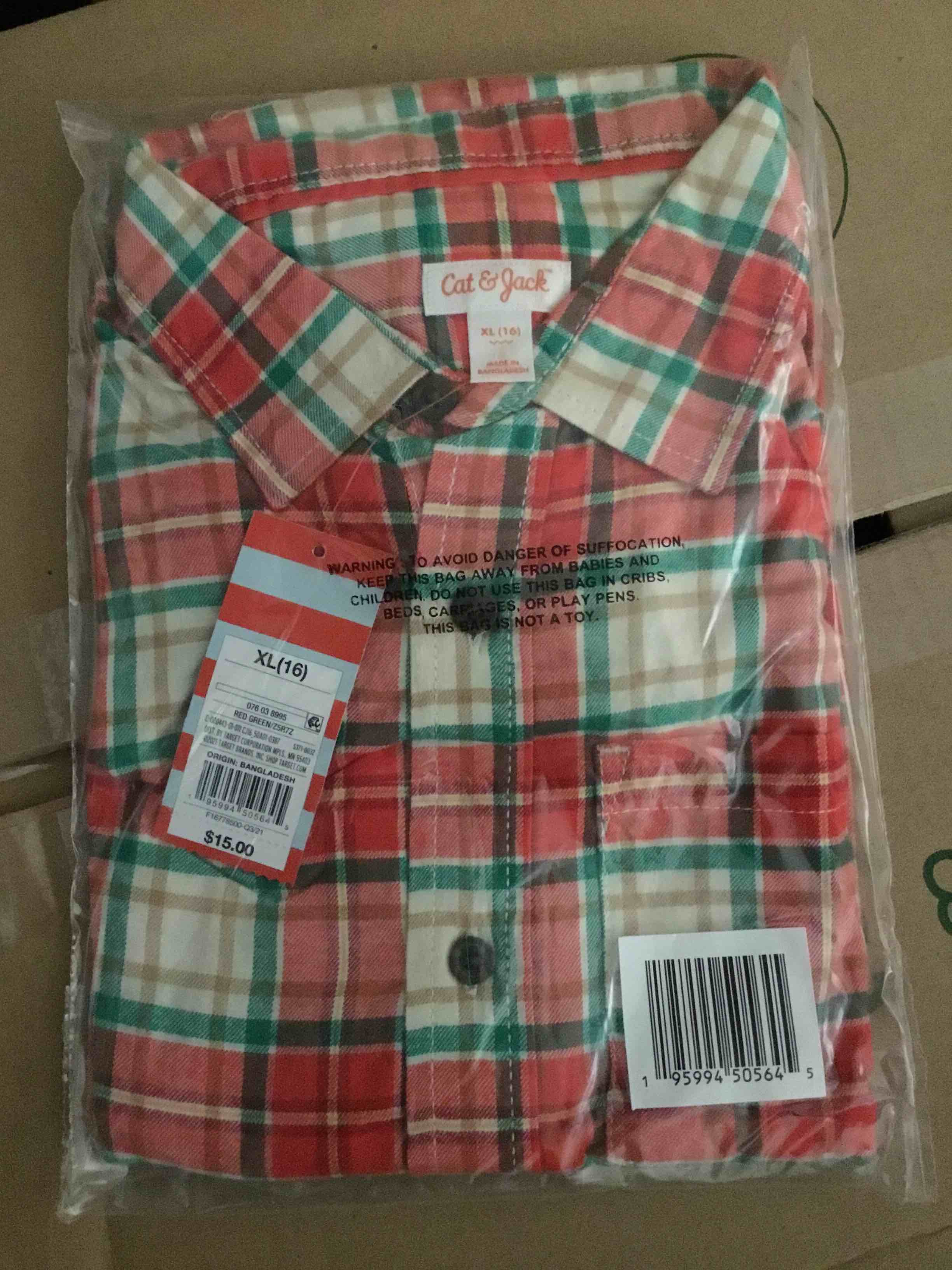 size xl boys' flannel button-down long sleeve shirt - cat & jack bright red/green xl