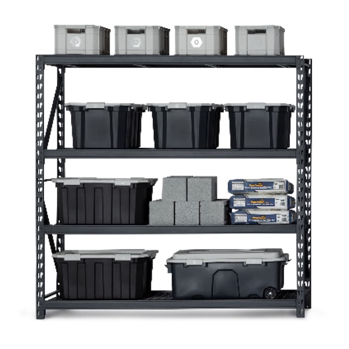 incomplete only box B ) missing Box A and C) Kobalt 84-in x 84-in 4-Tier Black Industrial Duty Customizable Shelf Collection with Plastic Storage