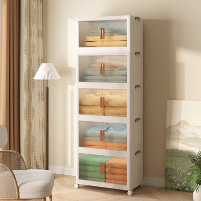 NUXIWIN 5-Tire Plastic Storage Bins with Wheels & Lids, Open Front Door - Collapsible Stackable Organizer Cabinet for Closet, Magnetic Double Door, Living Room, Office, Garage, Kitchen (color Cream yellow)27.95 x14.17 x13.98 IN