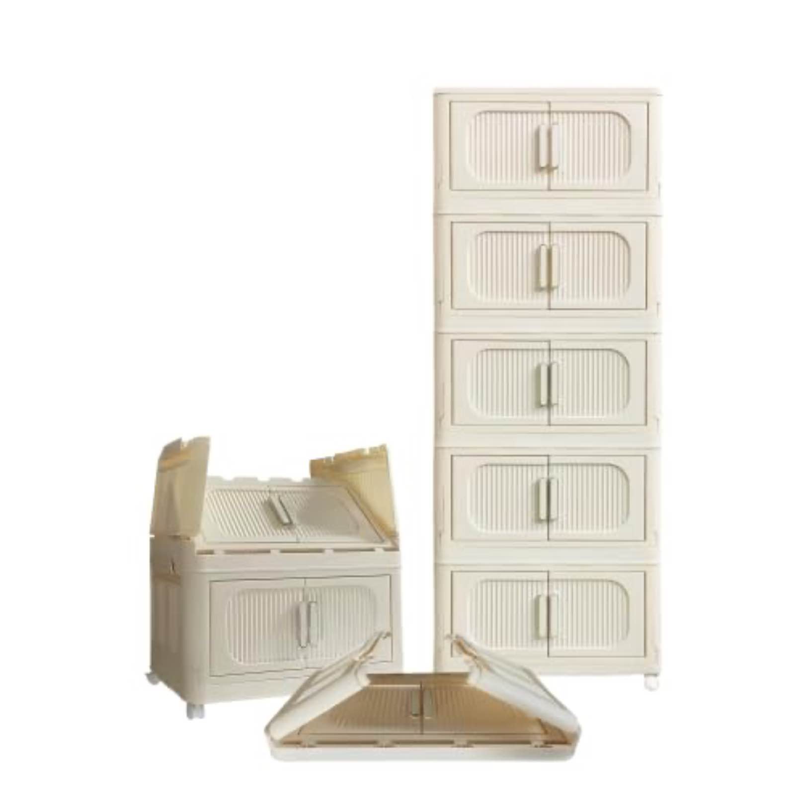 Folding Storage Cabinet,5 Tiers,Collapsible Storage Bins with Magnetic Door, Plastic Storage Cabinet with Wheels, Closet Organizers and Storage Containers( Cream)(27.95x16.14x10.03)