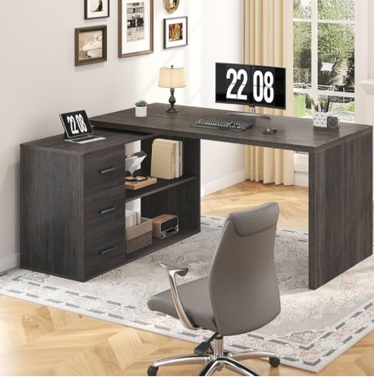 HSH L Shaped Computer Desk with Drawers, 360 Rotating L Shape Desk with Storage Cabinet Shelves, Industrial Home Office Desk for Executive Writing Study Work, Dark Wood Table Swivel Desk, Gray 0AK + black , 55 Inch