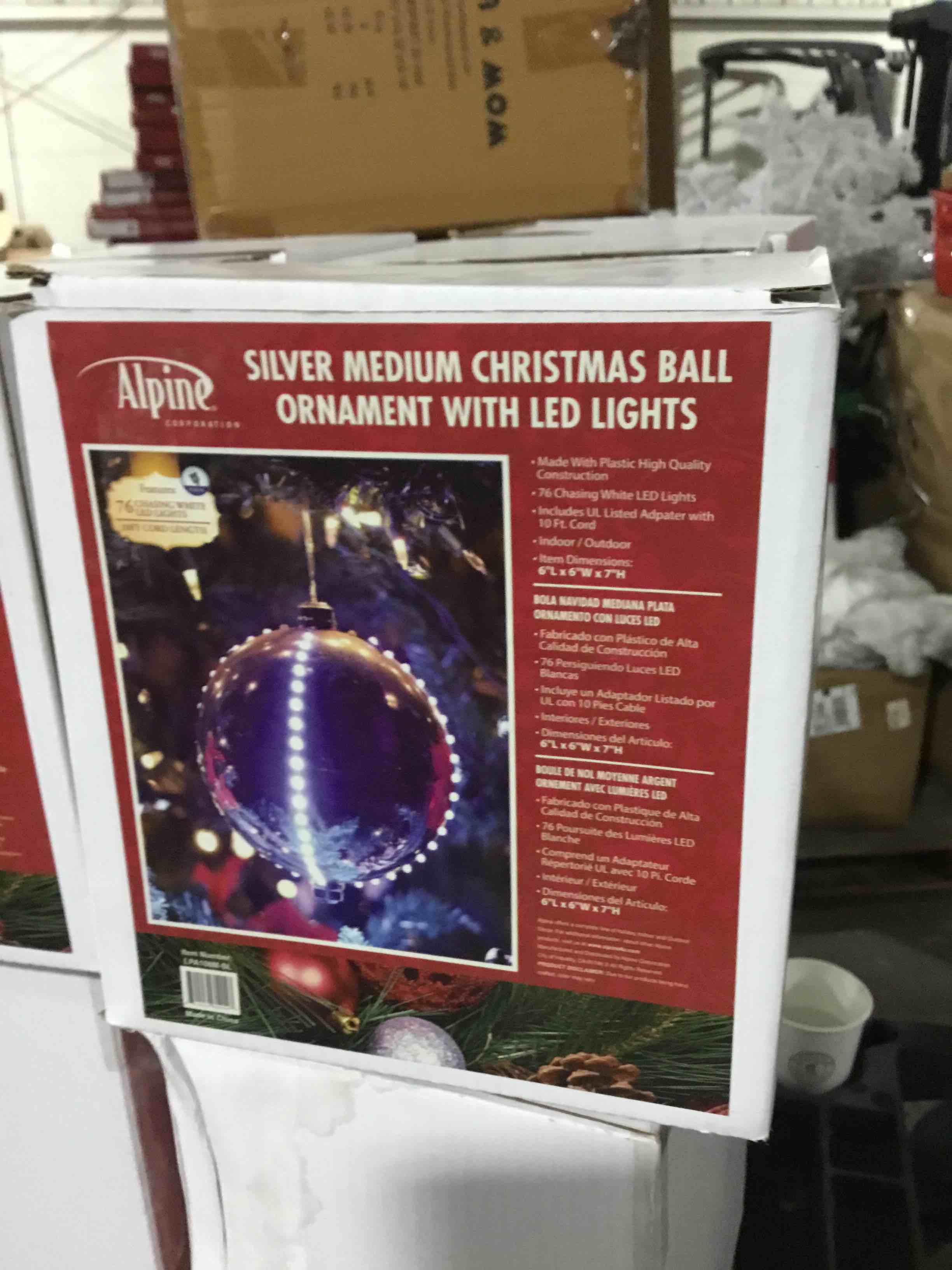 Silver, medium Christmas ball ornament with LED lights