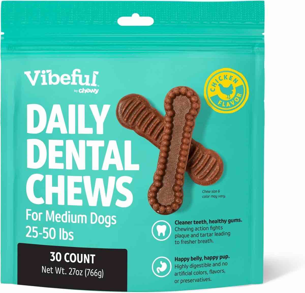 Vibeful Medium Daily Dental Chews for Dogs, Chicken Flavor, 30 count (best by 03/2026)