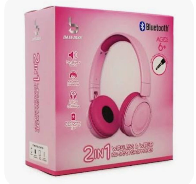 Bass Jaxx 2-in-1 wireless & wired kid safe headphones pink