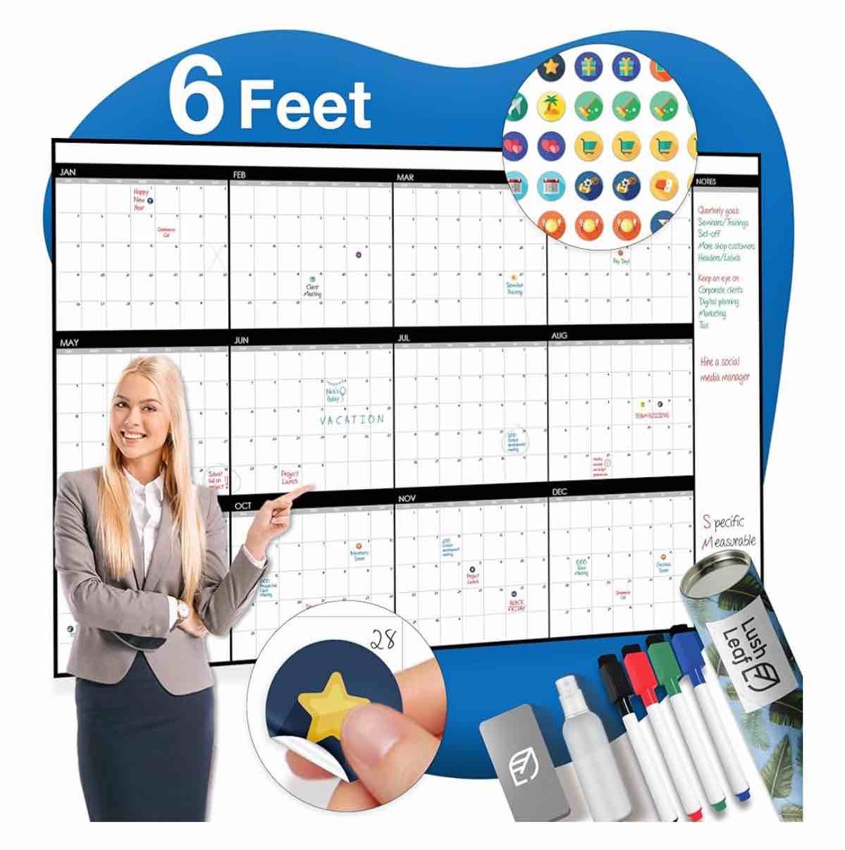 Large Dry Erase Calendar for Wall, 48" x 74" - Undated, Yearly, Reusable - Full 12 Month Year - Includes Markers, Eraser & Accessories