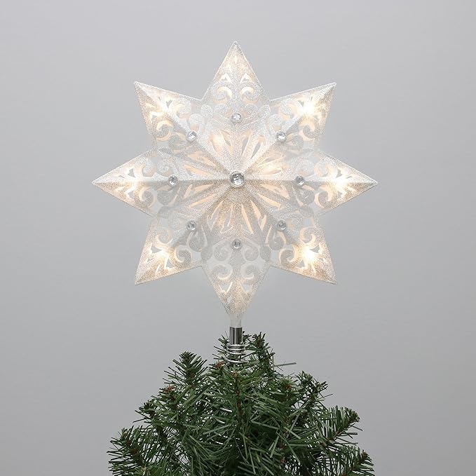 Philips 14" Silver Glitter Star Treetopper with Clear Gems - Warm White Twinkling Lights - Indoor Use - 16 Warm White LEDs with 30" Lead-in