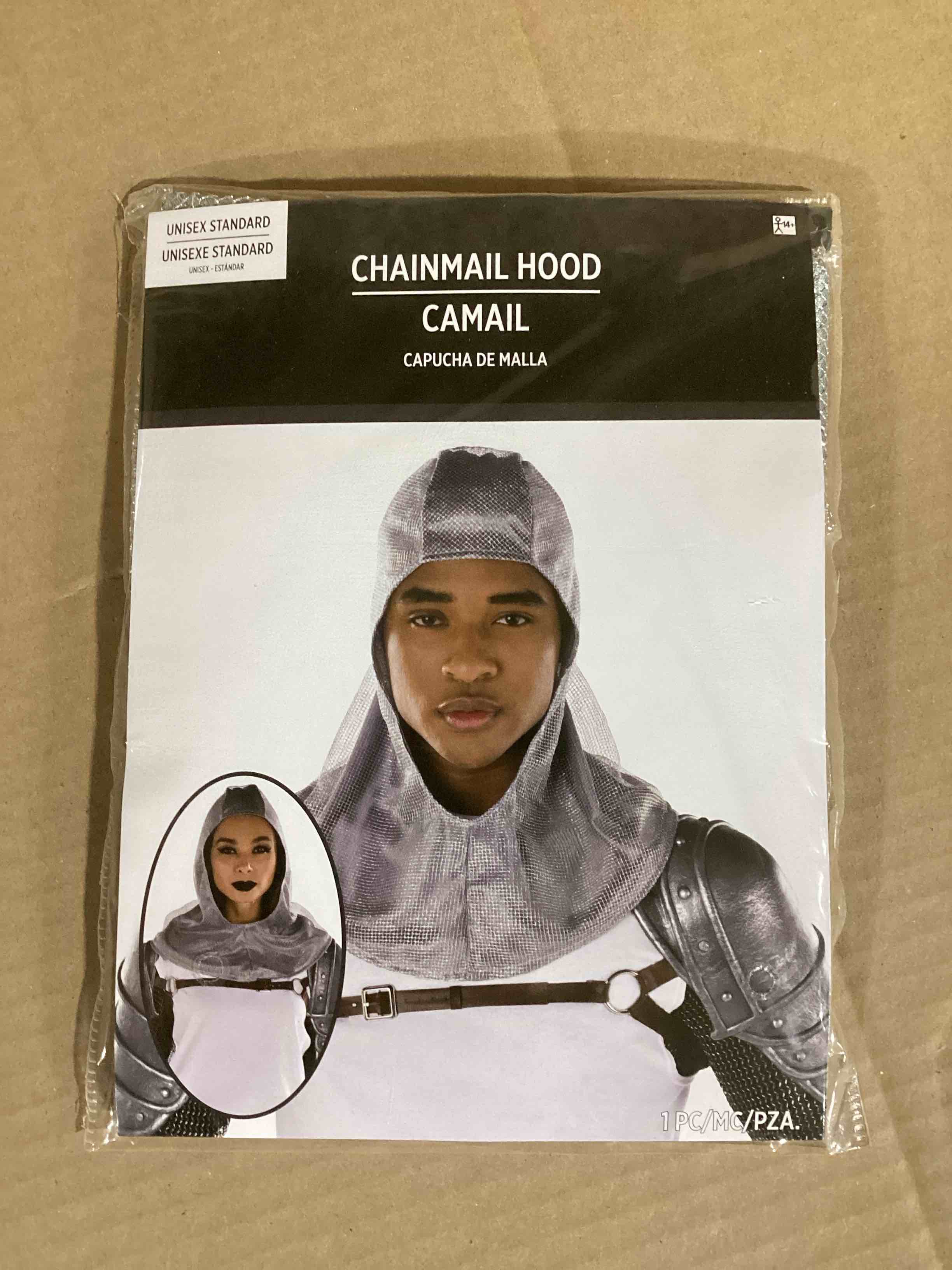 Condition photo showing Brand New for Unisex Chainmail Hood in Grey - One Size - Classic Medieval Style for Cosplay & Reenactment Enthusiasts, 1 Pc.