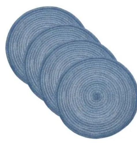myHomeBody Round Woven Placemats, 4pcs, 14.8" Braided Woven Placemats, Attractive Kitchen Décor Place Mats, Round Placemats as Table Mat, Blue - Braided Edge, Set of 4