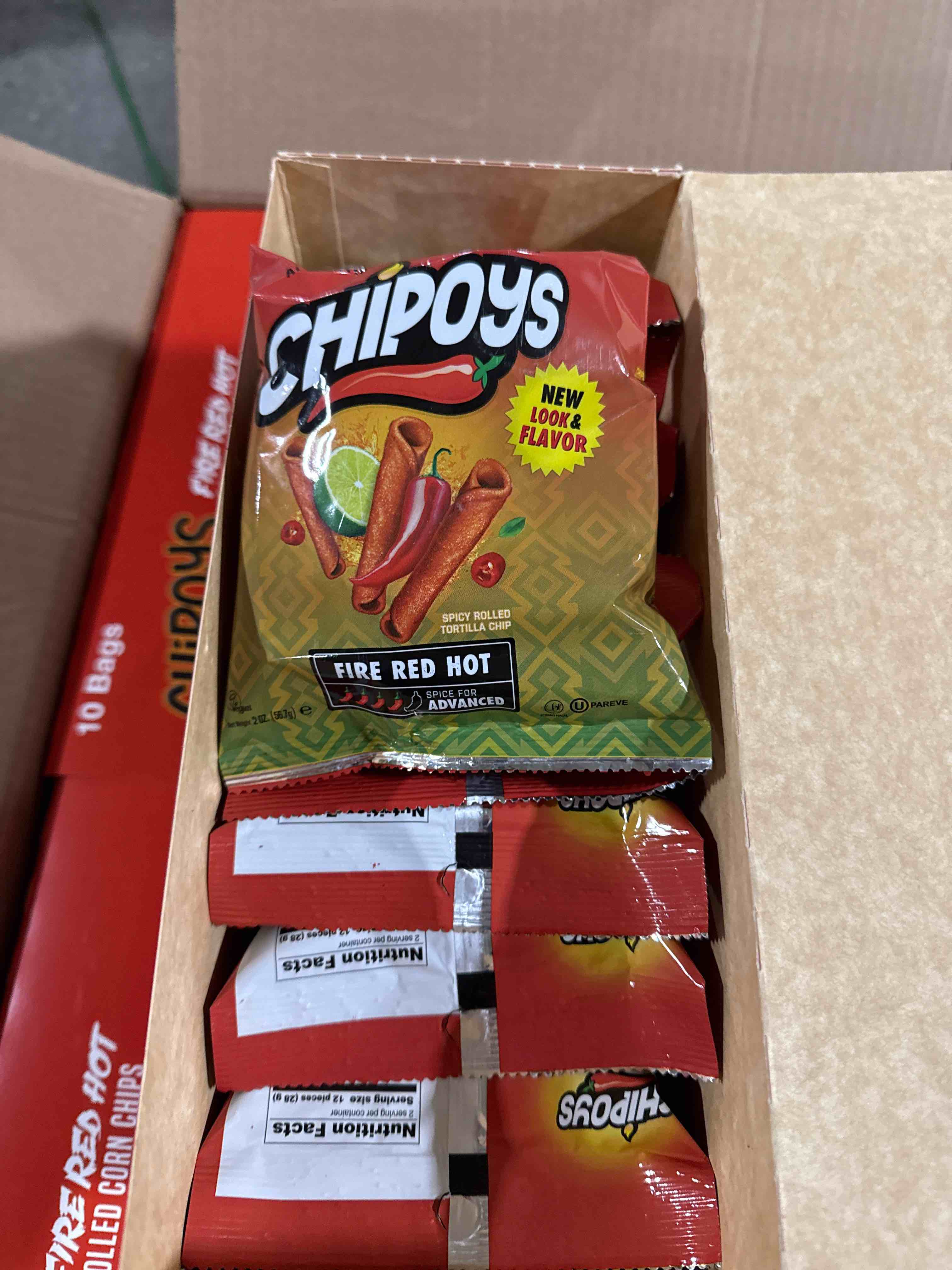 Case of 12 box of 10 bags Chipoys Fire Red Hot Spicy Rolled Corn Tortilla Chips, Gluten-Free, No Trans Fat, High Protein, Low-Calorie Flavorful Mexican Snacks, Made of Crunchy Maiz Chips with Natural Ingredients 2 oz 