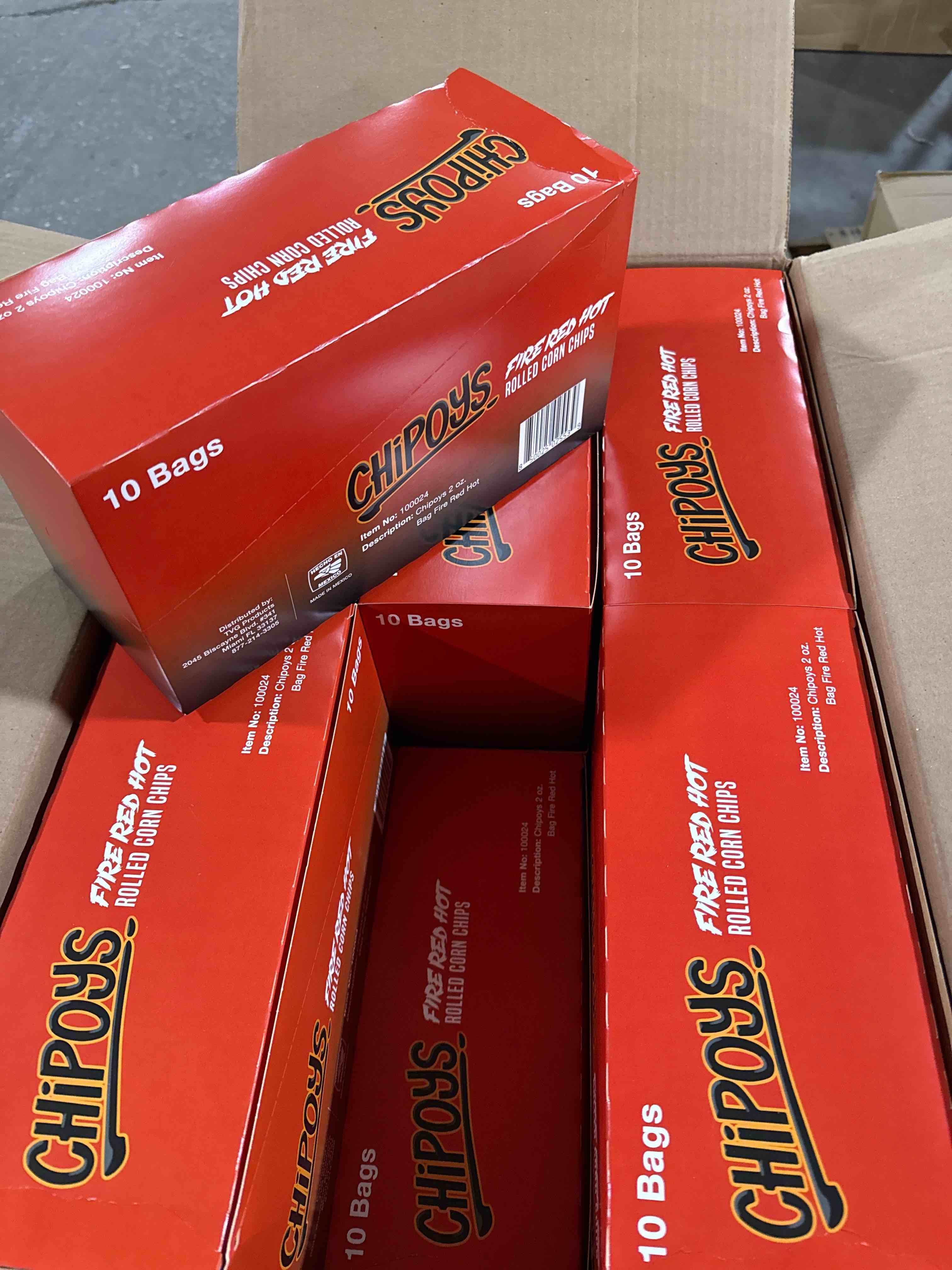 Condition photo showing New/Like New for Case of 12 box of 10 bags Chipoys Fire Red Hot Spicy Rolled Corn Tortilla Chips, Gluten-Free, No Trans Fat, High Protein, Low-Calorie Flavorful Mexican Snacks, Made of Crunchy Maiz Chips with Natural Ingredients 2 oz 