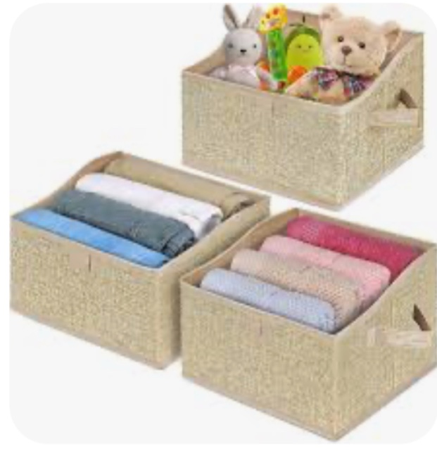 BALEINE 3 Pack Closet Storage Bins for Shelves, Trapezoid Clothing Organizer with Handles, Foldable Linen Fabric Box Containers for Home Bedroom Office, Brown Large