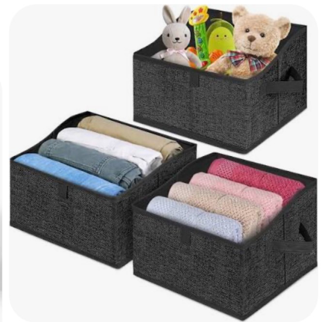 BALEINE 3 Pack Closet Storage Bins for Shelves, Trapezoid Clothing Organizer with Handles, Foldable Linen Fabric Box Containers for Home Bedroom Office, Black Large