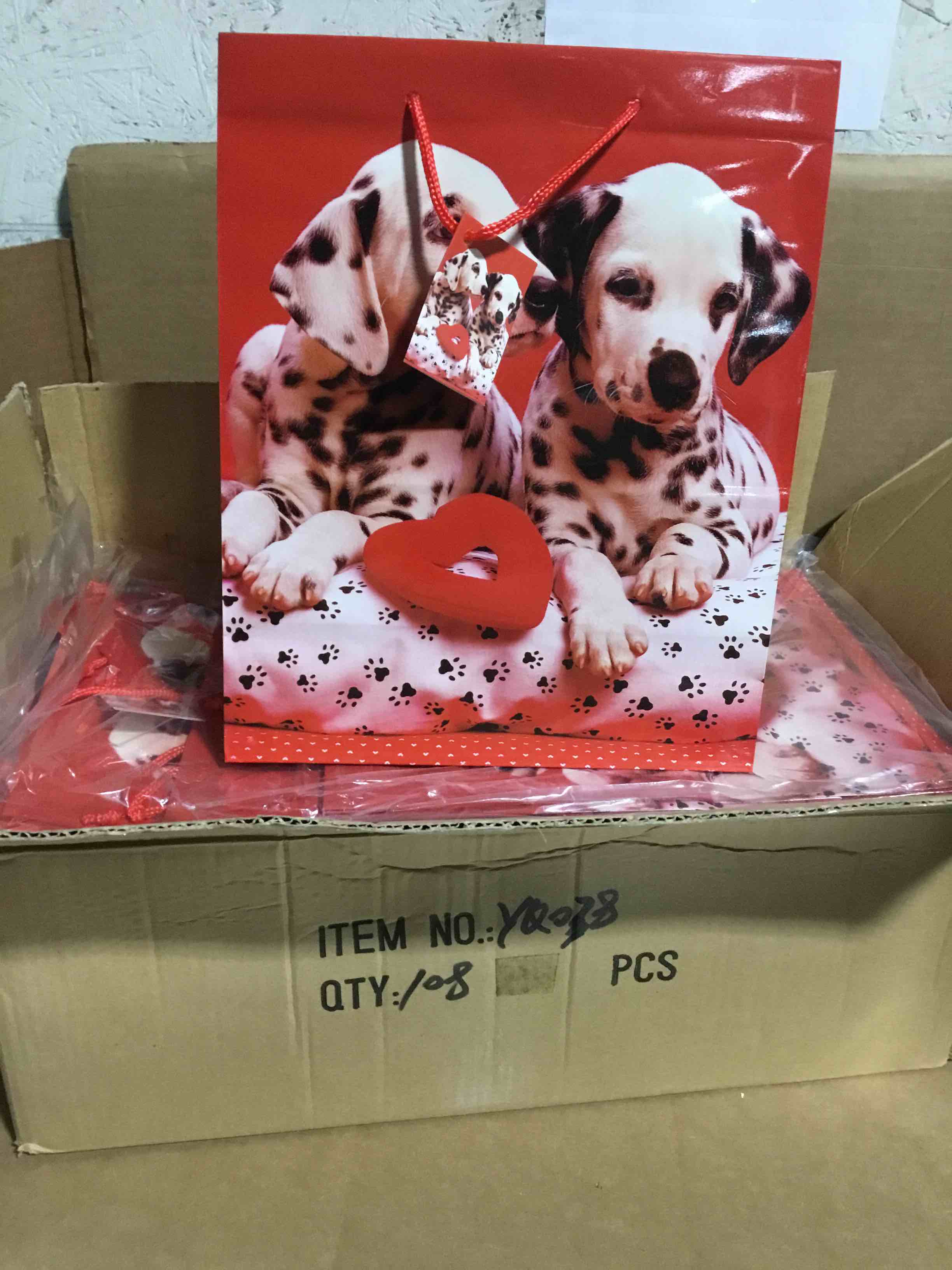 Condition photo showing New/Like New for Case of 108 Gift Bags, Dog Theme, Medium Size