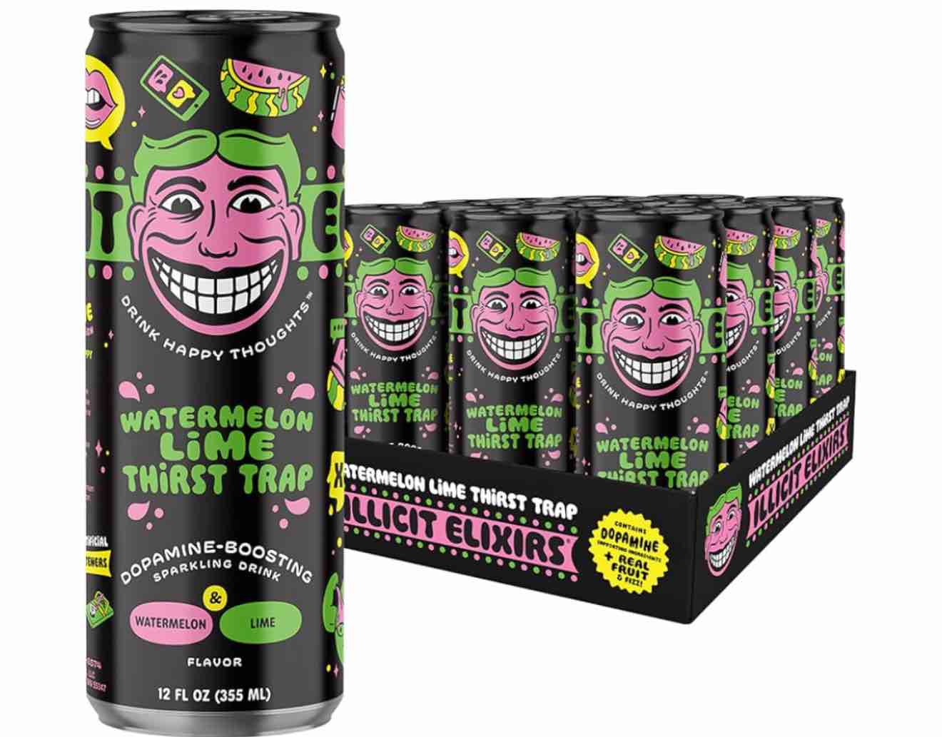 Illicit Elixirs - Sparkling Juice Mocktails with Real Fruit Juices and Functional Amino Acid Blend that Supports Dopamine Production - Non-Alcoholic & Caffeine Free (12 Pack, Watermelon Thirst Trap) Pack of 12