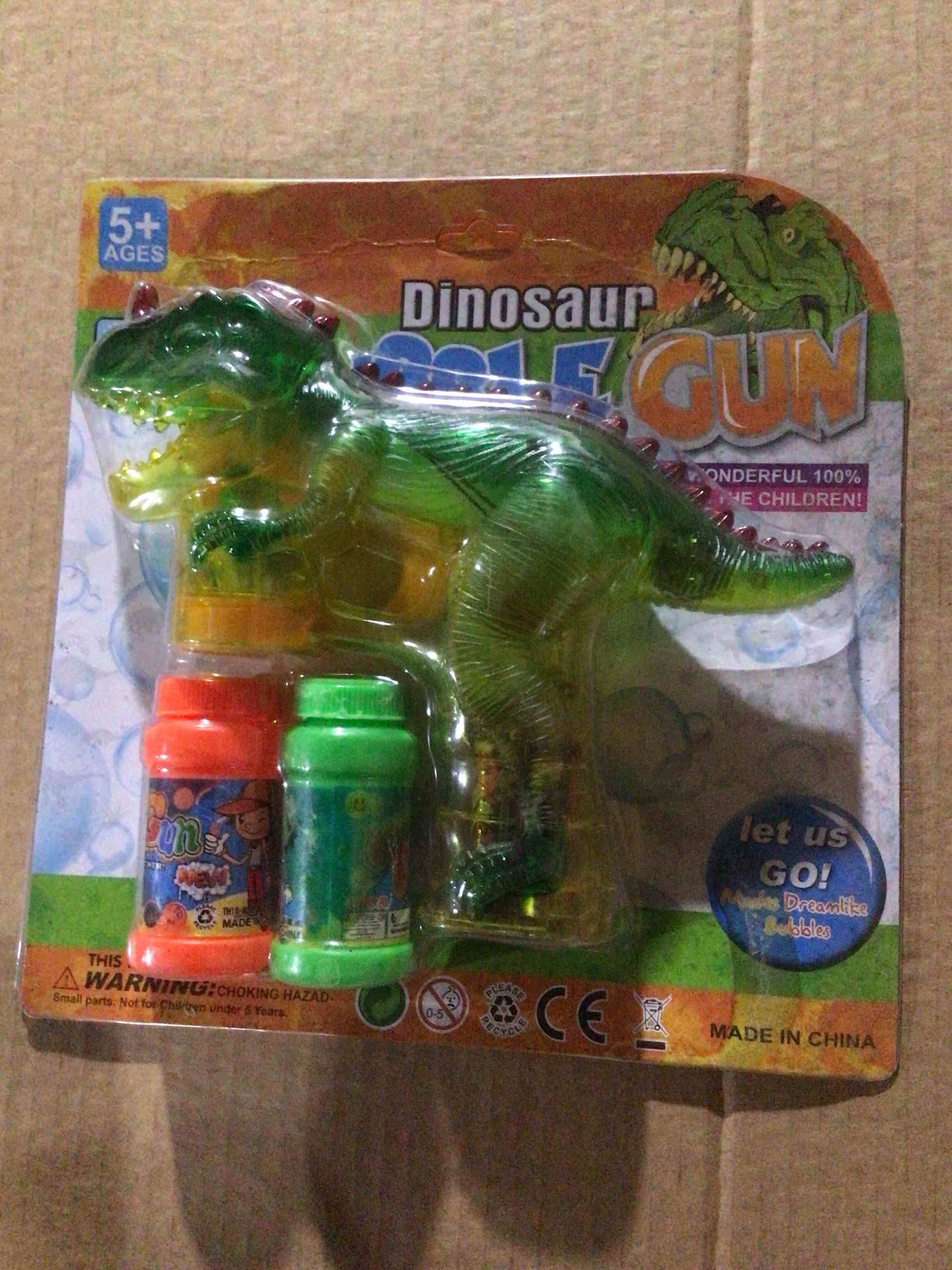 Condition photo showing New/Like New for Dinosaur Bubble Gun, Blower Machine with LED Flashing Lights & Sound Effects, Outdoor Toys for Toddlers & Kids, Includes 2 Bubble Bottles & Bubble Blaster, Suitable for Boys & Girls, Birthday Gift