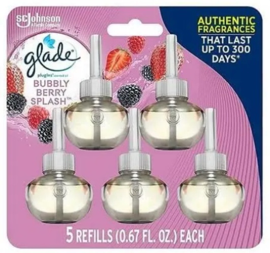 Glade PlugIns Refills Air Freshener, Scented and Essential Oils for Home and Bathroom, Bubbly Berry Splash, 3.35 Fl Oz, 5 Count