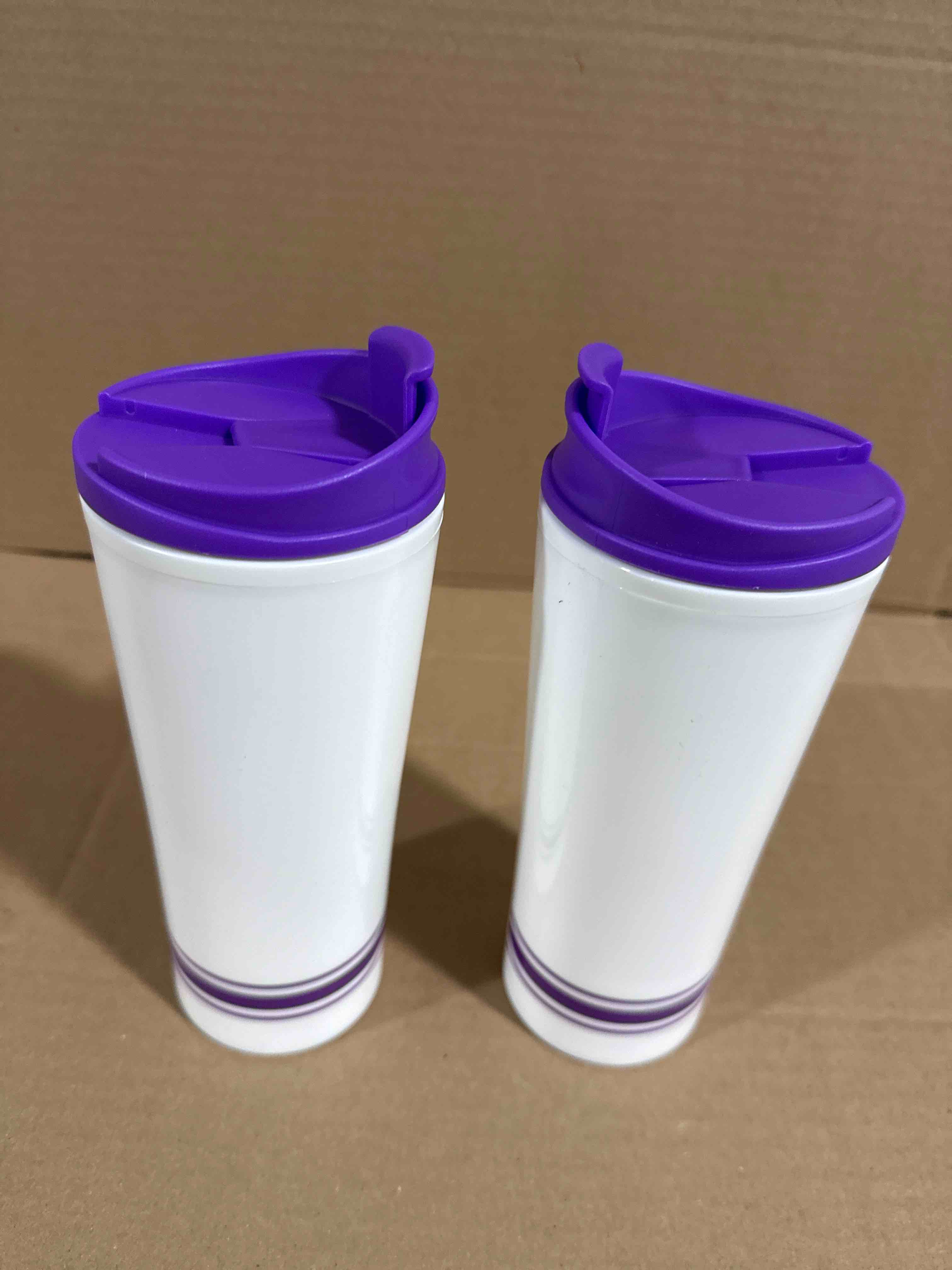 2 tumblers with purple top and stripe