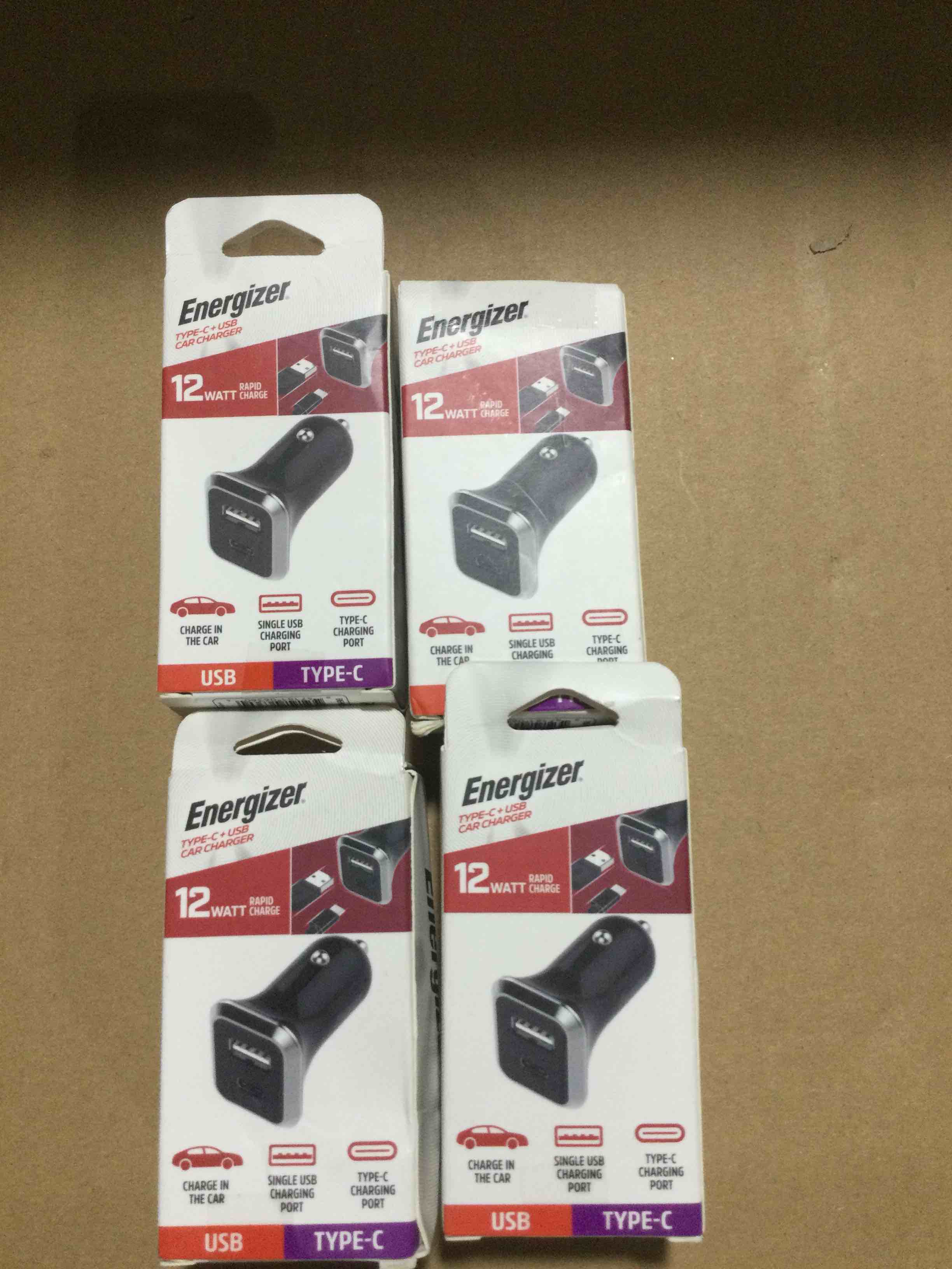 set of 4 energizer type-c + usb car charger 