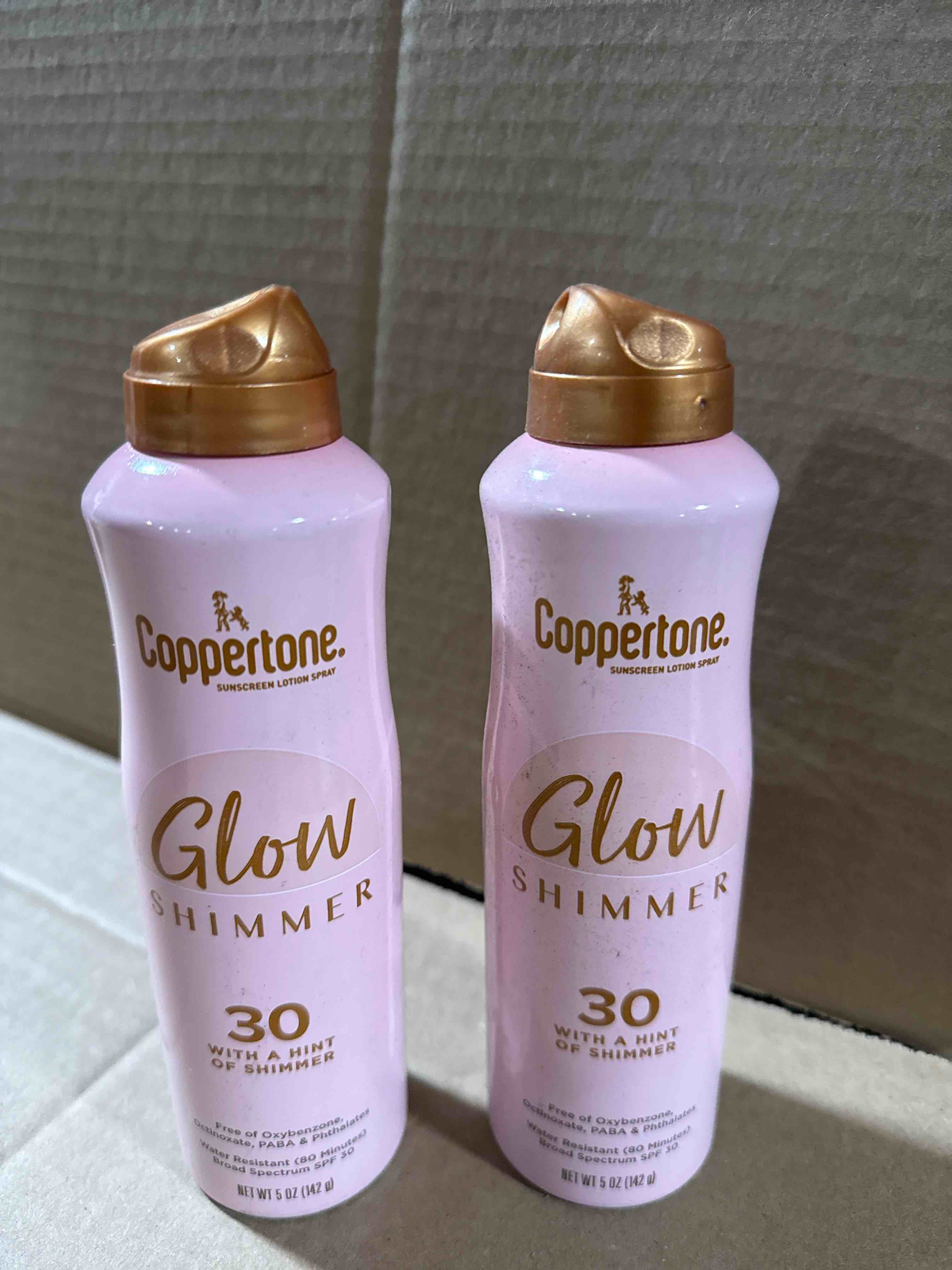 ack of 2 Coppertone Glow with Shimmer Sunscreen Spray SPF 30, Water Resistant Spray Sunscreen, Broad Spectrum SPF 30 Sunscreen Spray, 5 Oz Spray