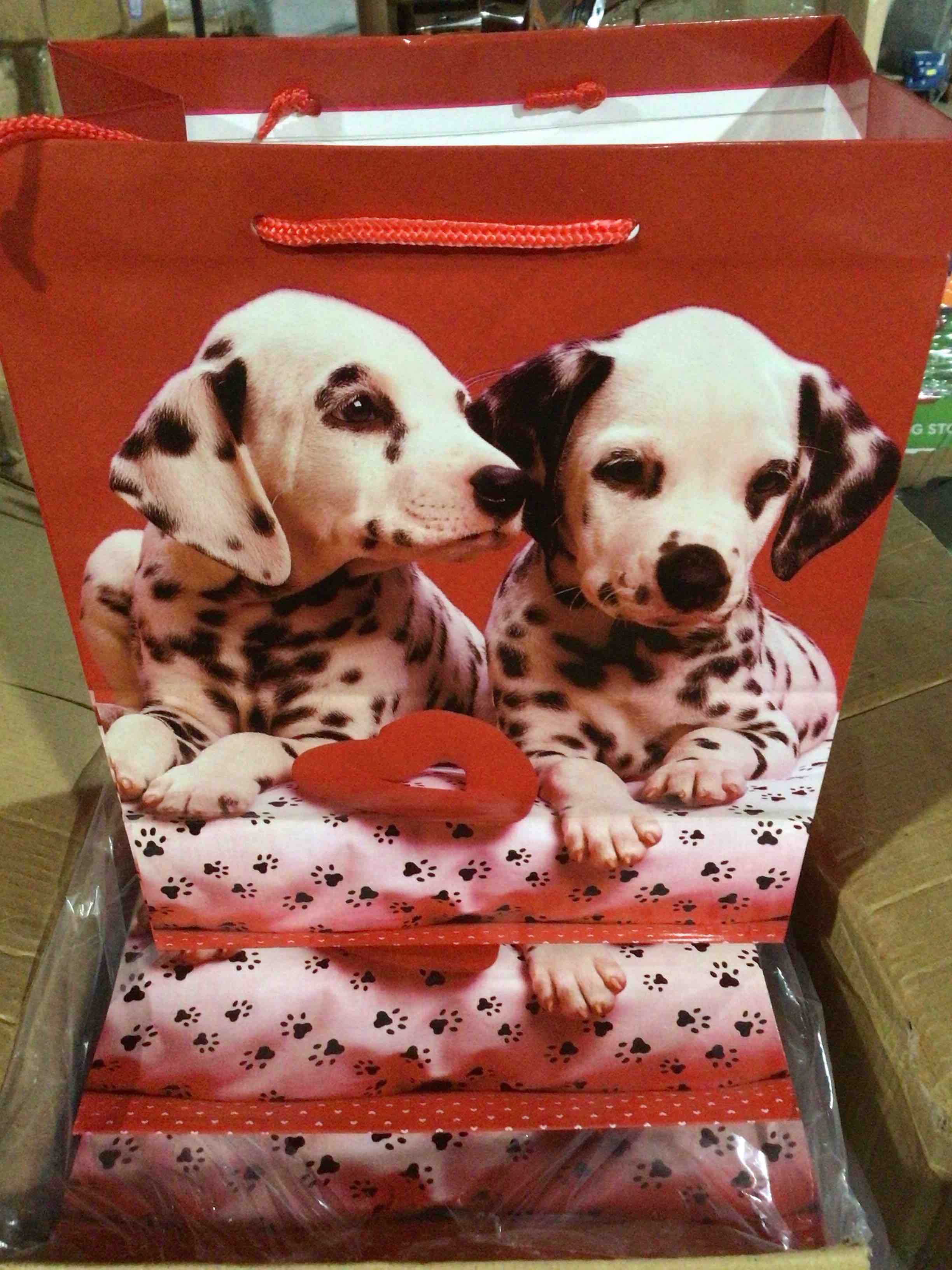 Condition photo showing New/Like New for Red gift bag with an illustration of two dalmatian puppies