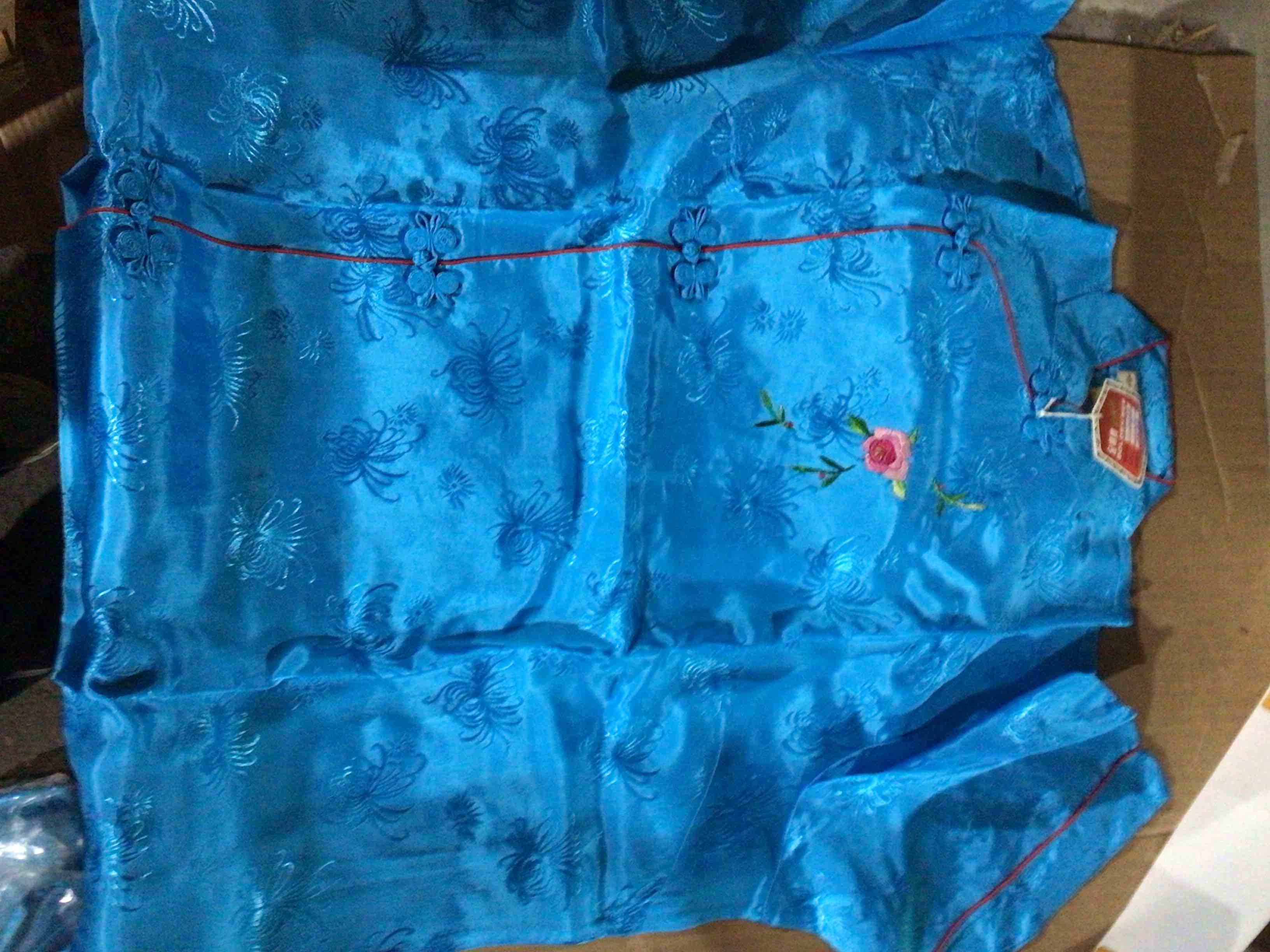 Pajamas or Chinese style house clothes set of blue satin with floral embroidery 