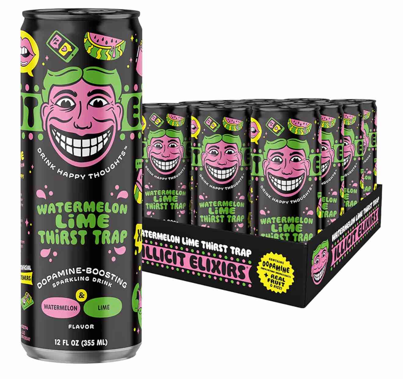 Illicit Elixirs - Sparkling Juice Mocktails with Real Fruit Juices and Functional Amino Acid Blend that Supports Dopamine Production - Non-Alcoholic & Caffeine Free (12 Pack, Watermelon Thirst Trap)