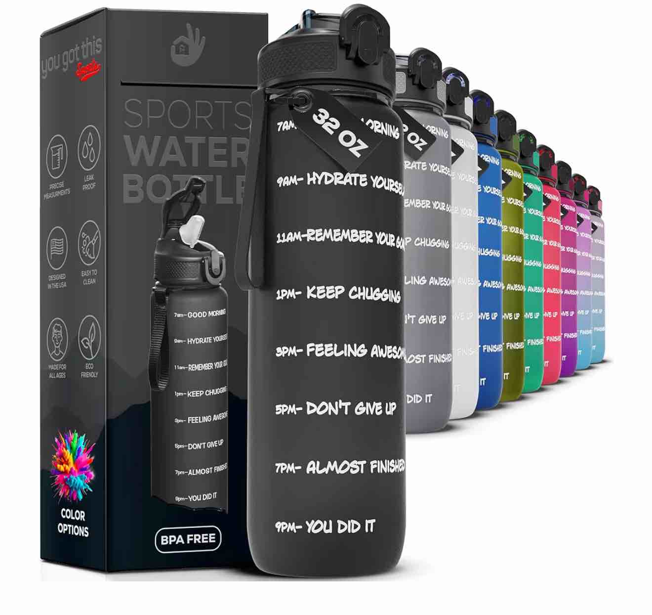 Motivational Water Bottle with Time Marker, 32 oz Water Bottle, Sports Water Bottle with Spout, Achieve All-Day Hydration SpillProof, BPA FREE