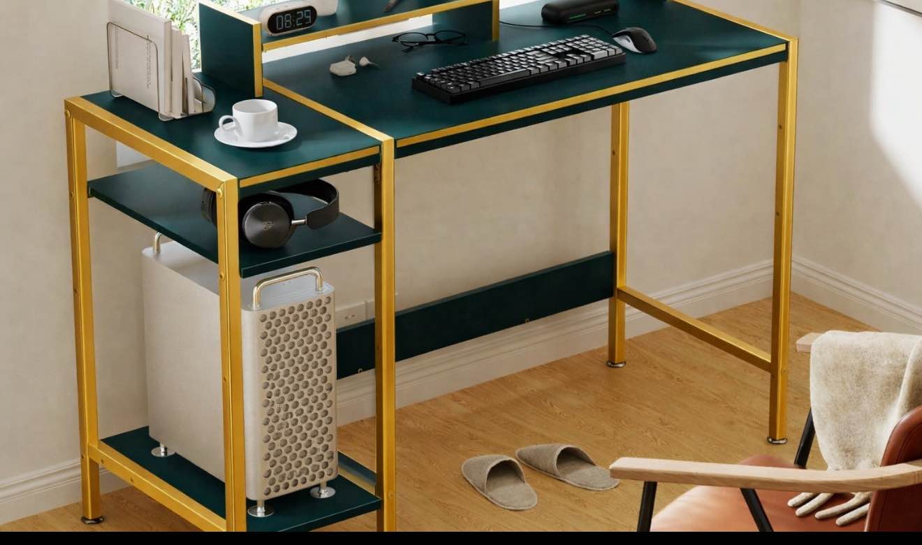 MINOSYS Gaming Computer Desk with Storage,Monitor Stand 47” Small, Writing Desk for 2 Monitors, Adjustable Storage Space, Modern Design Corner Table for Home Office, Green.