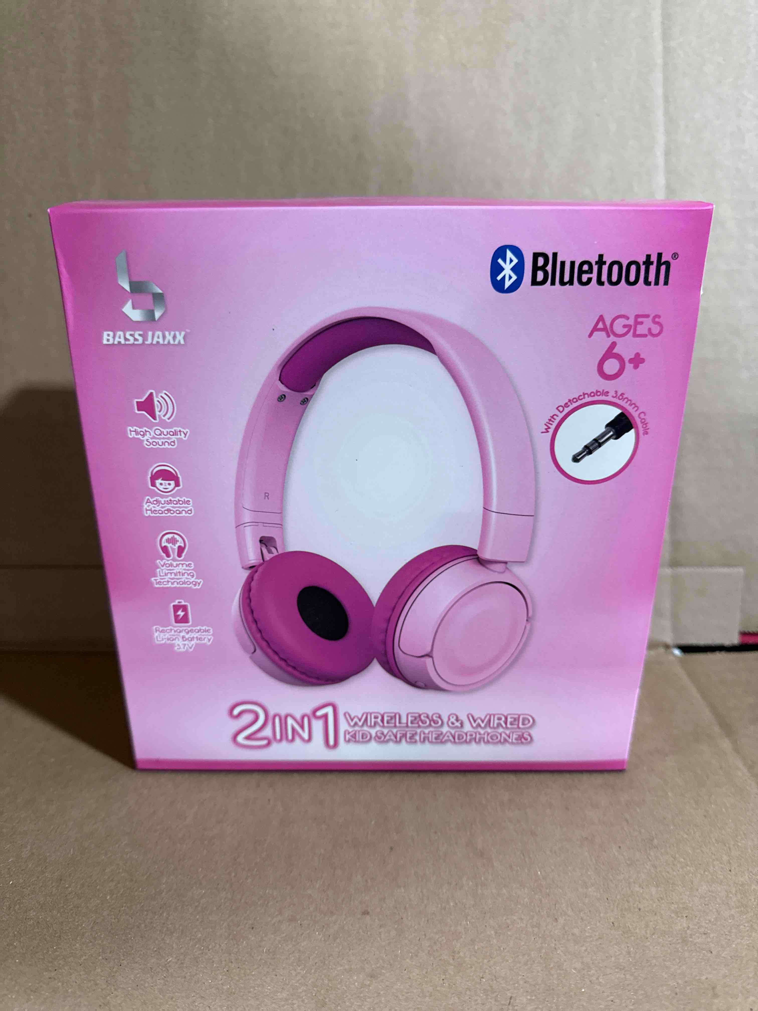 Bass Jaxx 2-in-1 wireless & wired kid safe headphones pink 
