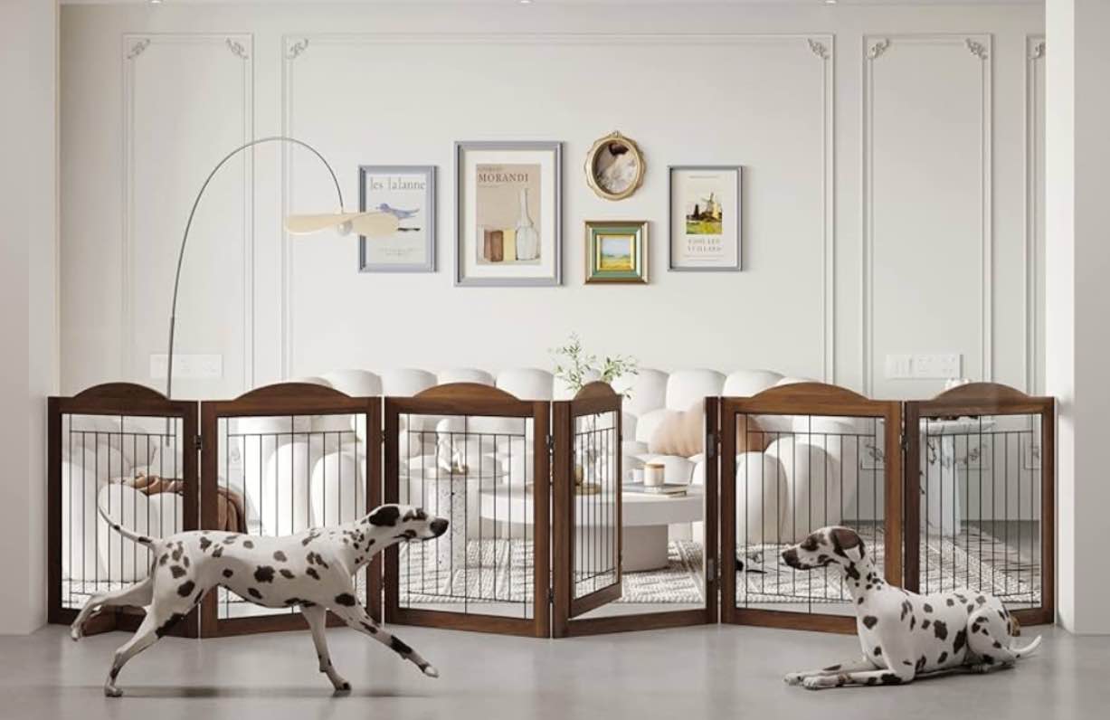 GHQ&ME No-Assembly 144" Extra Wide 30" Tall Freestanding Pet Gate with Door Walk Through, Wooden Folding Dog Gate for Doorways Stairs, Indoor Pet Puppy Fence with 2PCS Support Feet - Espresso