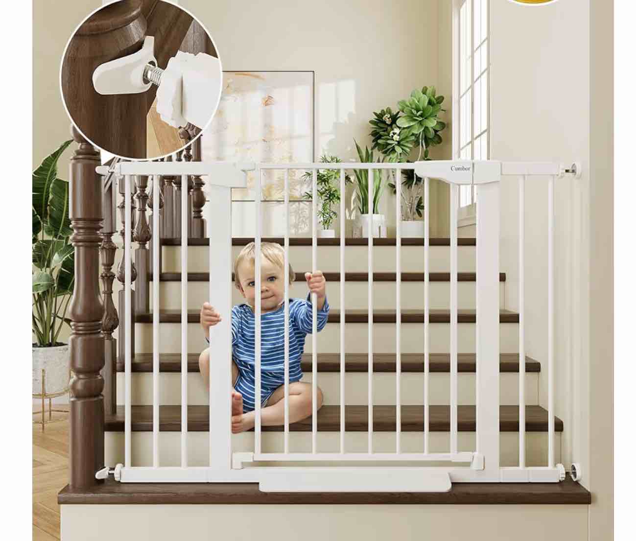 Cumbor 29.7-46" Baby Gate for Stairs, Toddler Safety Essentials for The House, Auto Close Dog Gate for Doorways, Mom's Choice Awards Winner-Easy Install Pressure Mounted Pet Gates for Dogs, White