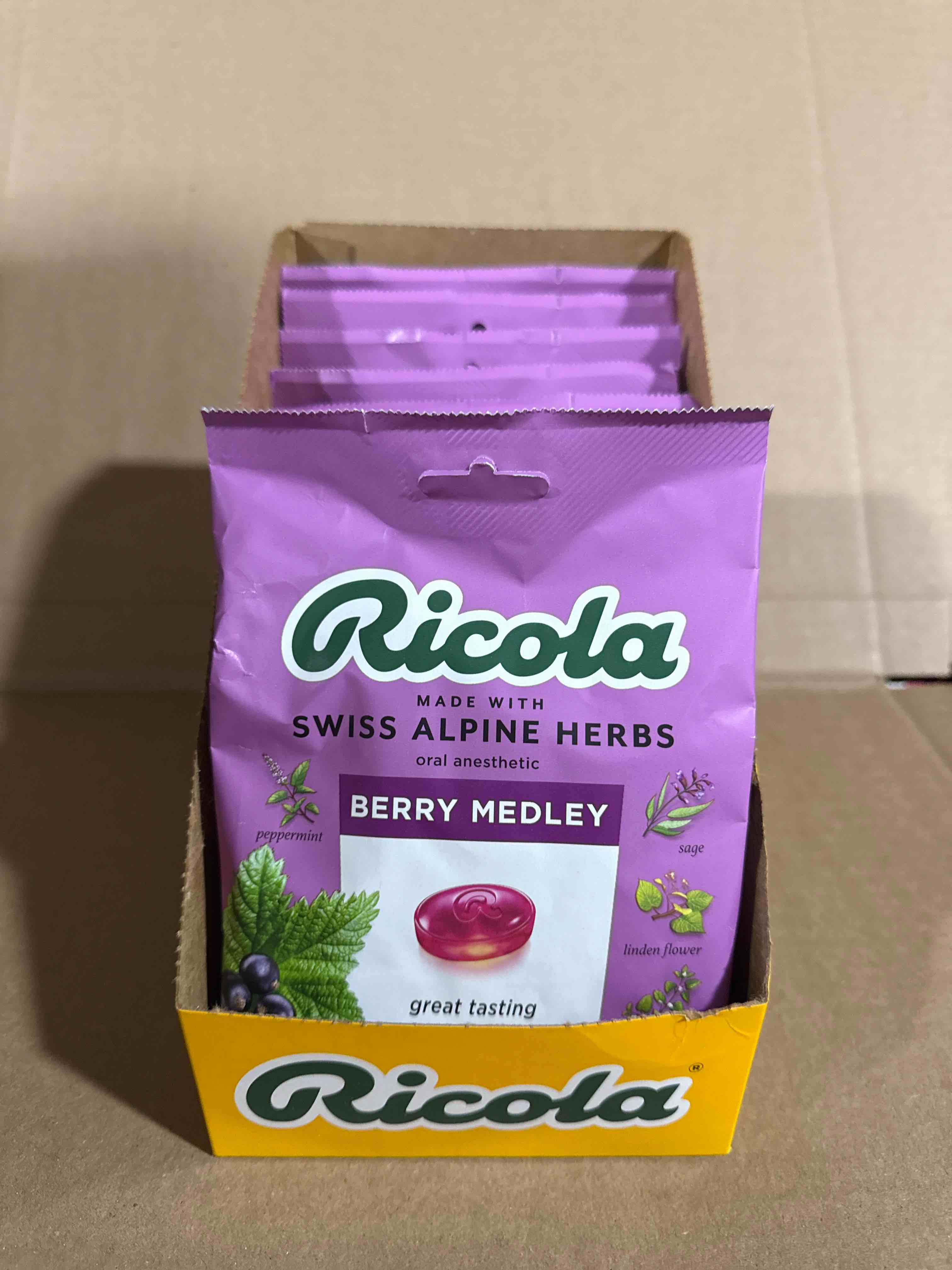 Case of 8 (19 Count Bags) Ricola Berry Medley Cough Suppressant Throat Drops (EXP Jan 27,2026) 