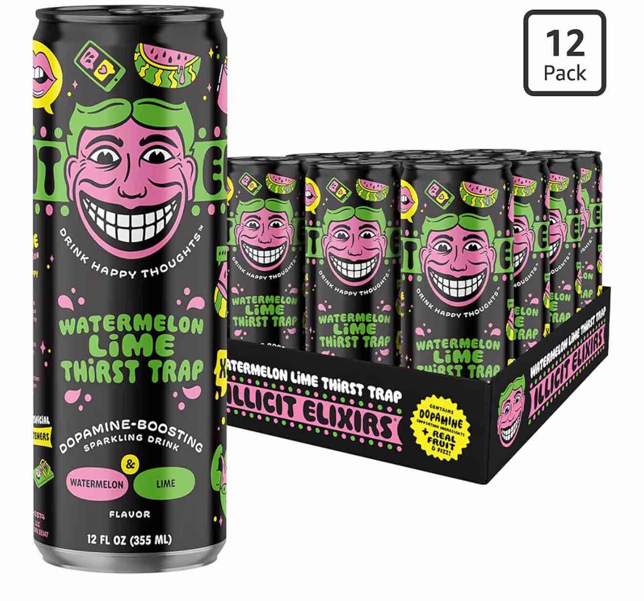 12 pack Illicit Elixirs - Sparkling Juice Mocktails with Real Fruit Juices and Functional Amino Acid Blend that Supports Dopamine Production - Non-Alcoholic & Caffeine Free (12 Pack, Watermelon Thirst Trap)