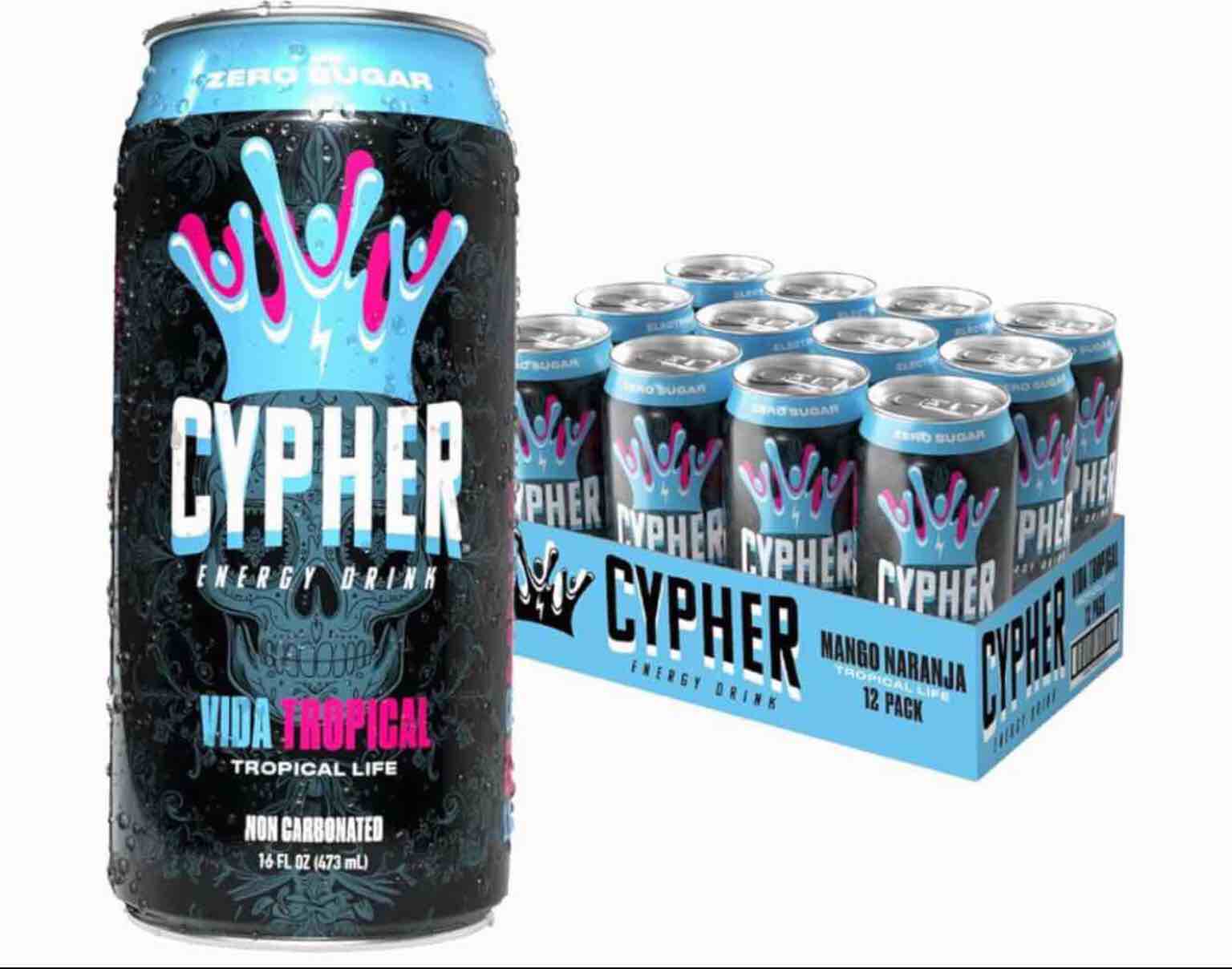 12 pack Cypher Tropical Life Energy Drink - 3g Whey Protein, 0g Sugar, 260 mg Caffeine, Non-Carbonated, High-Performance, Sugar-Free Drink for Sustained Energy and Focus, 16 oz Cans (best by 07/2026)