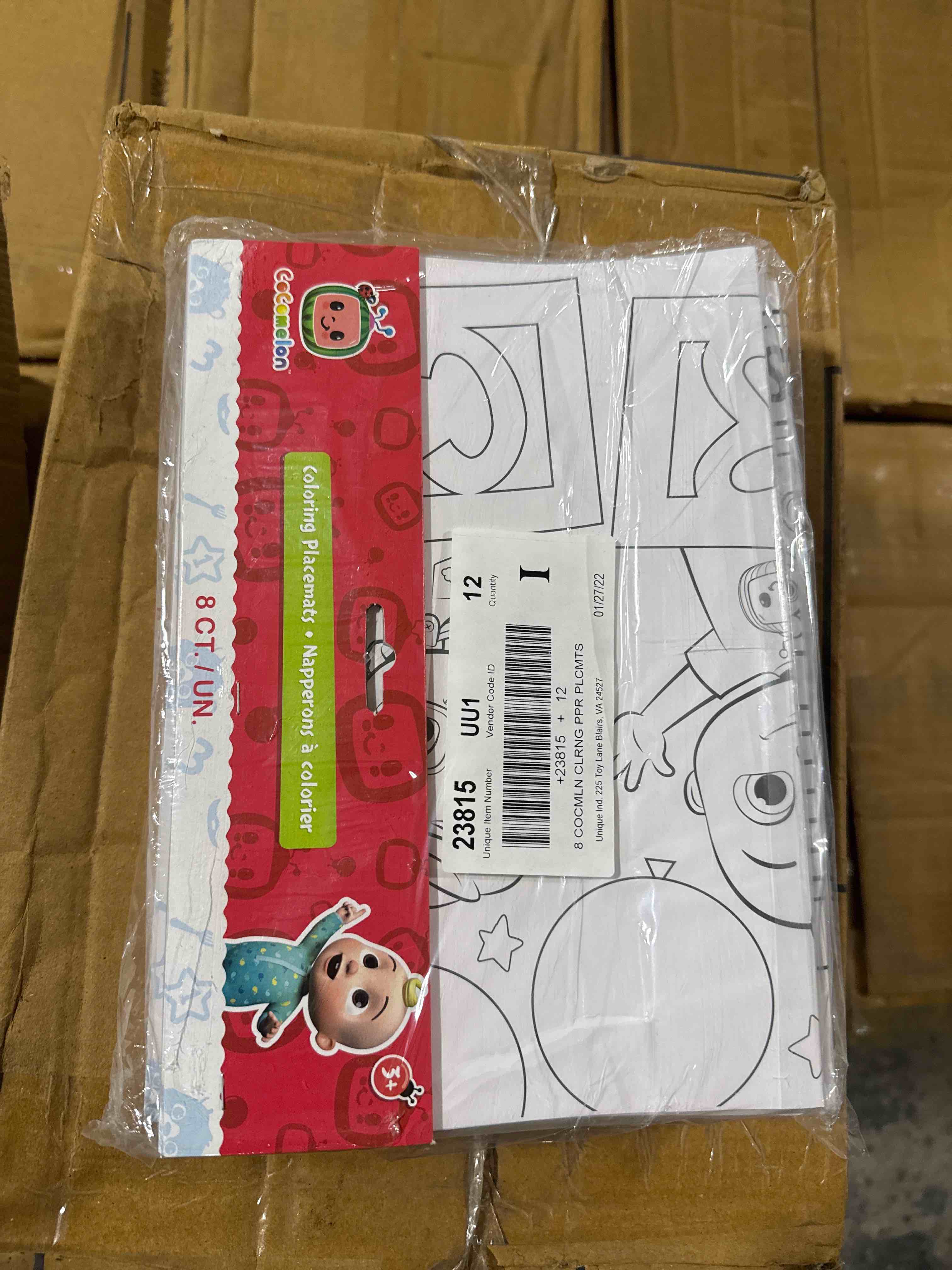 case of 12 eight count Coco melon coloring placemats