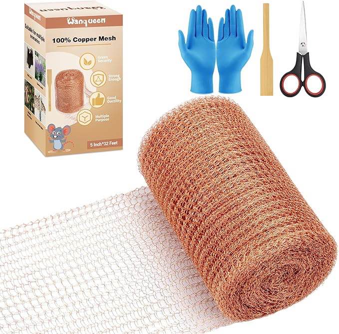 Pack of 2 Wanqueen Copper Mesh Roll for Mice Rat Rodent Repellent, Sturdy 5" * 32Ft Copper Wool Mouse Trap for Bat Snail Bird Control with Packing Tool